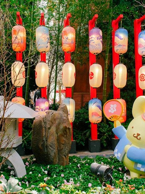 Lantern display and character statue at Gardens by the Bay Sakura event.