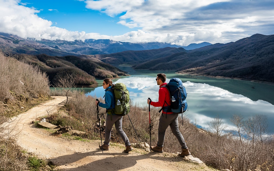 Hikers walking near Bovilla Lake with Gamti Mountains in the background.