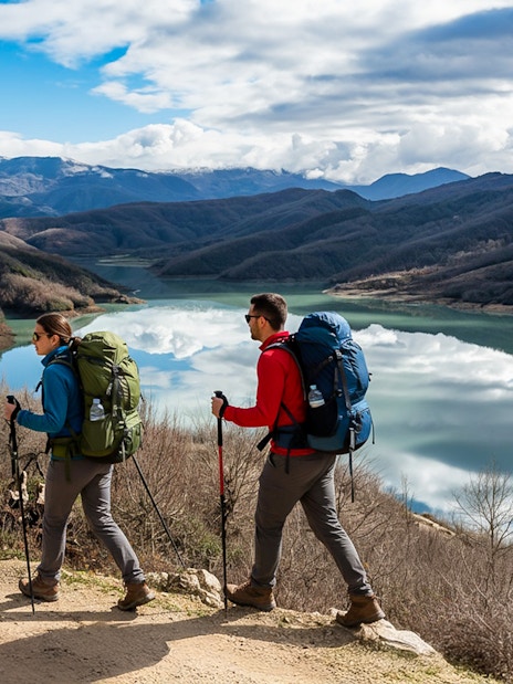 Hikers walking near Bovilla Lake with Gamti Mountains in the background.