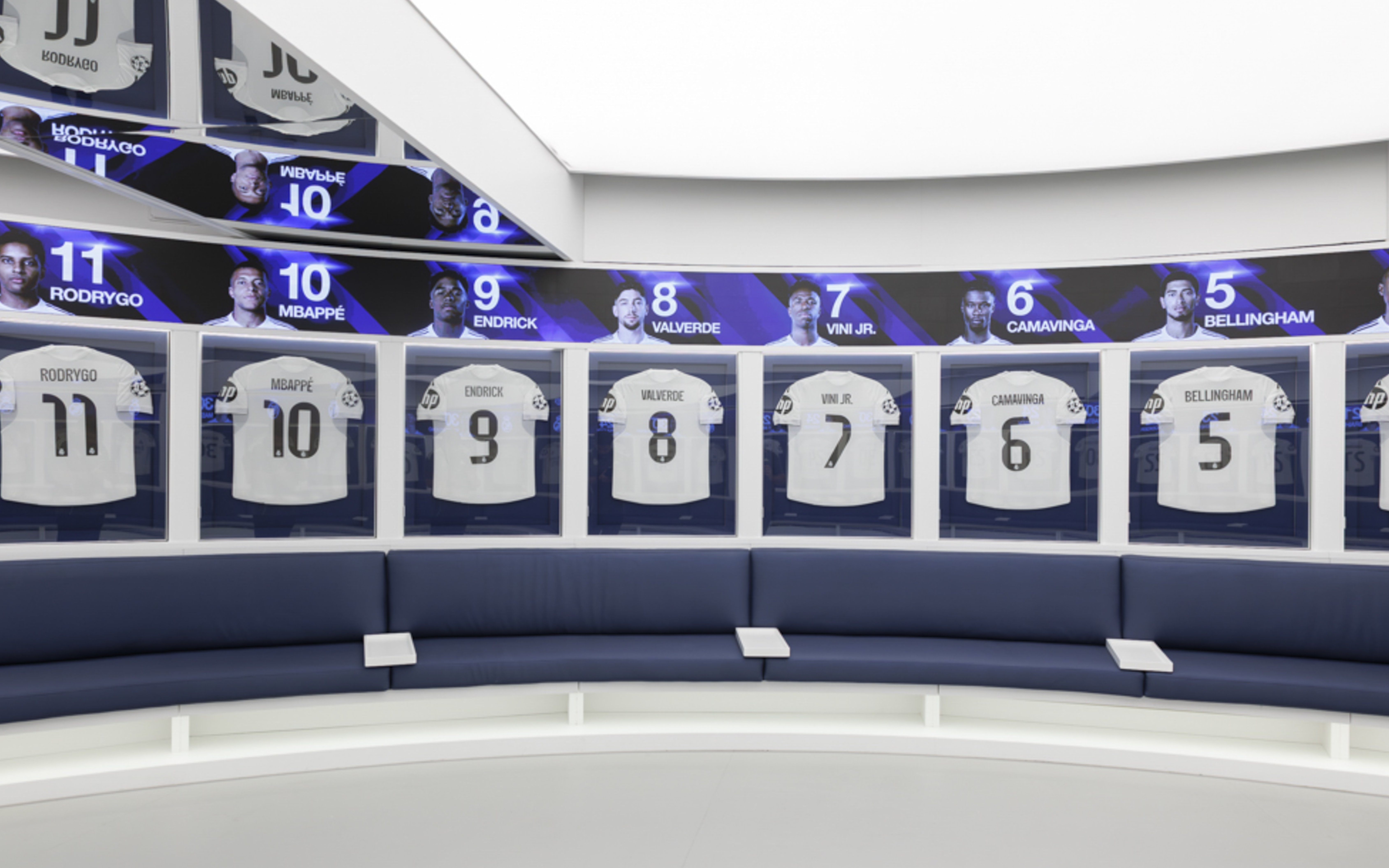 Dressing room with player jerseys at Santiago Bernabéu Stadium.