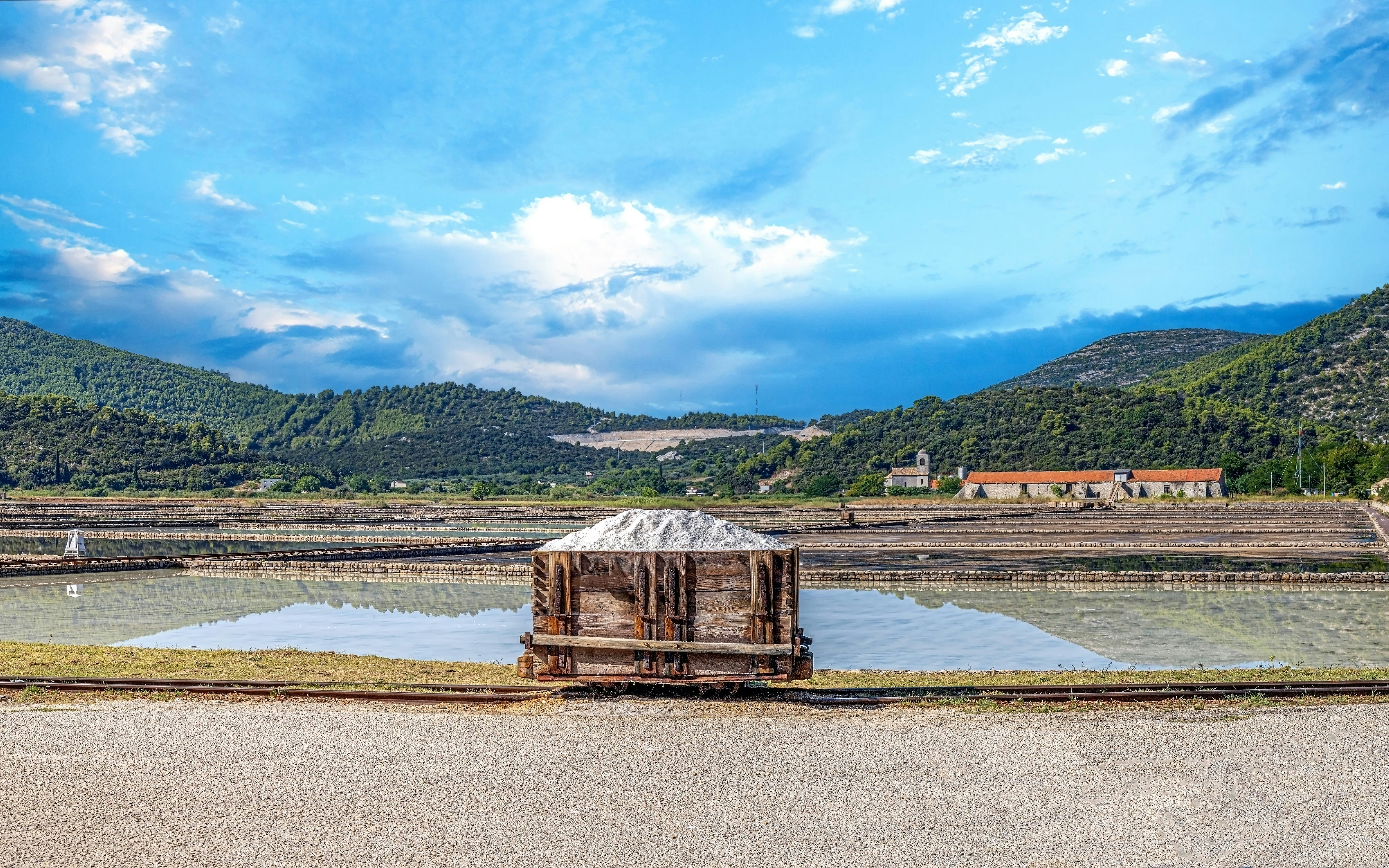 Salt pans with a cart of salt in Ston, Dubrovnik area, Croatia.