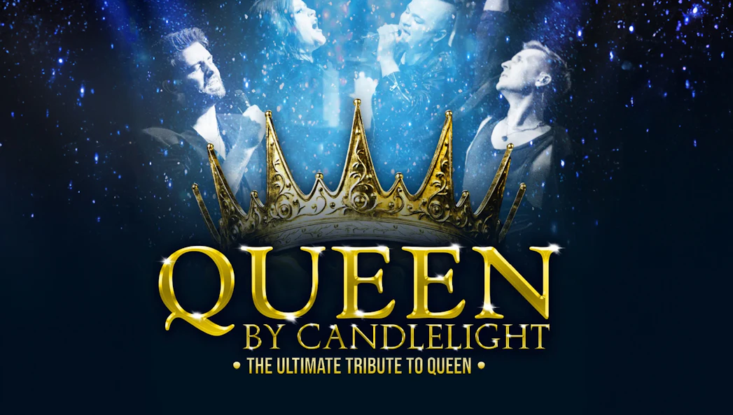 Candlelight concert tribute to Queen with performers and crown graphic.
