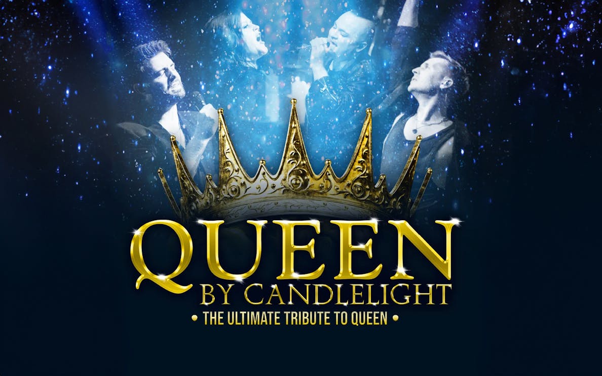 Candlelight concert tribute to Queen with performers and crown graphic.