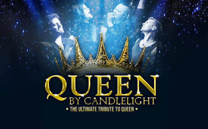 Candlelight concert tribute to Queen with performers and crown graphic.