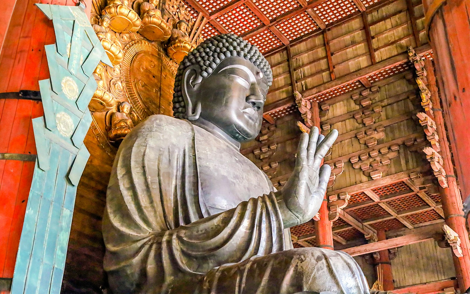 Giant Buddha statue inside Todai-ji Temple, Nara, Japan, part of Nara and Kyoto One-Day Bus Tour.