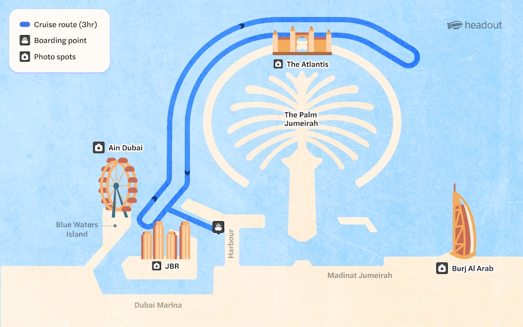 Cruise route map from Dubai Harbour passing Ain Dubai, The Atlantis, and Burj Al Arab.
