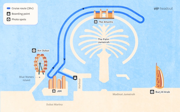 Cruise route map from Dubai Harbour passing Ain Dubai, The Atlantis, and Burj Al Arab.