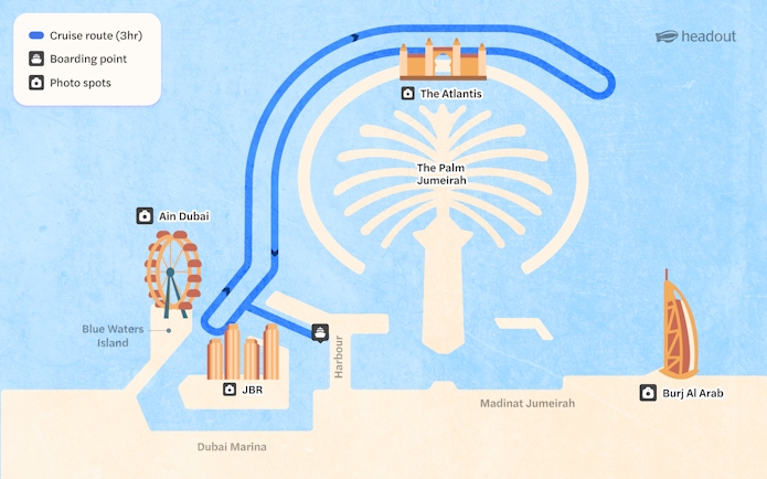 Cruise route map from Dubai Harbour passing Ain Dubai, The Atlantis, and Burj Al Arab.