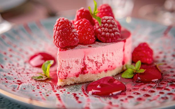 Raspberry cheesecake with fresh raspberries and sauce on a decorative plate.