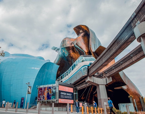 Monorail passing through the Museum of Pop Culture in Seattle.