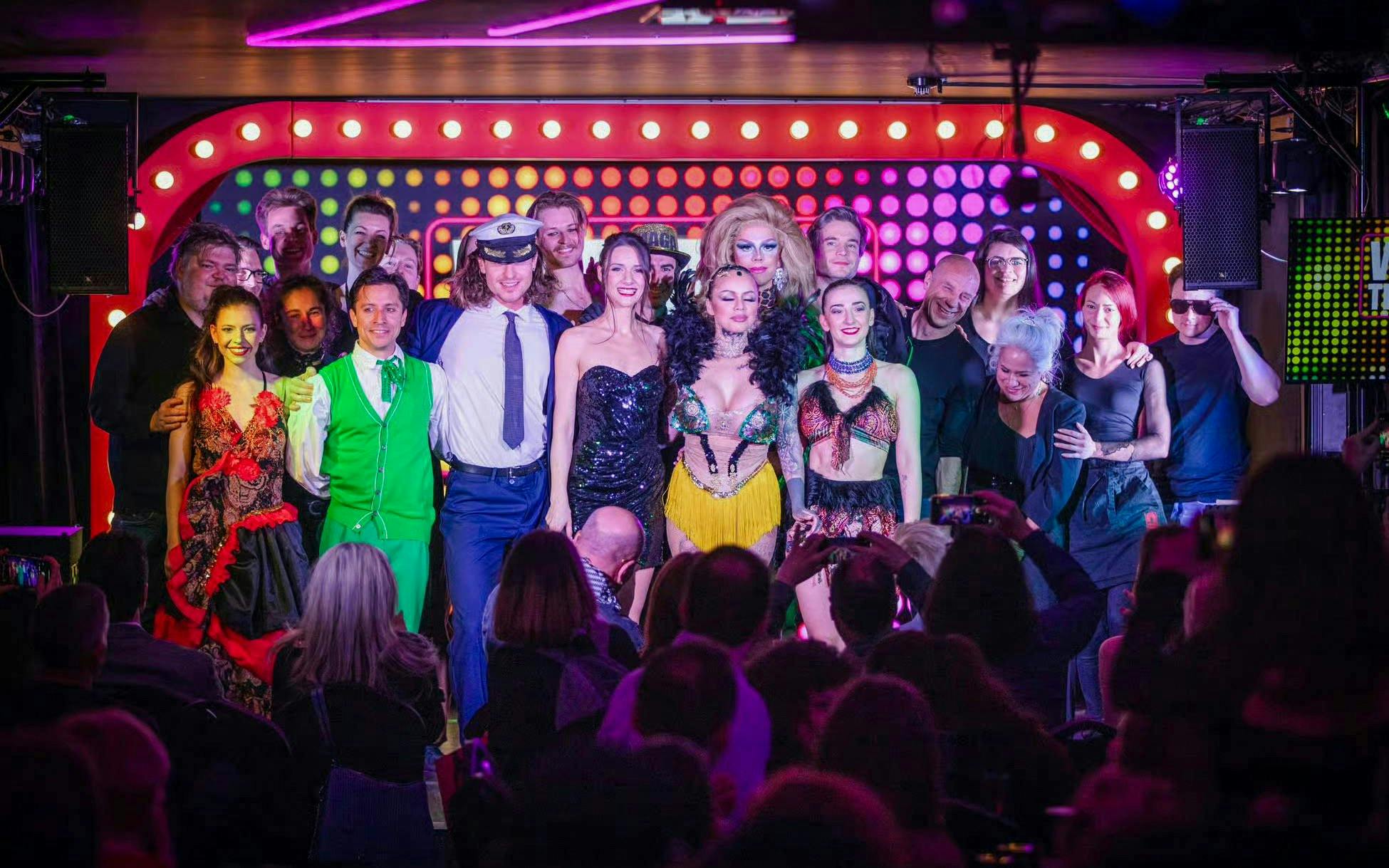 Cabaret and burlesque performers on stage at Voros Neon Theatre, Budapest.