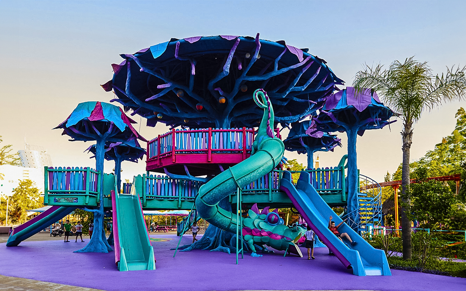 Tutti Frutti ride at Isla Magica theme park with colorful spinning teacups.