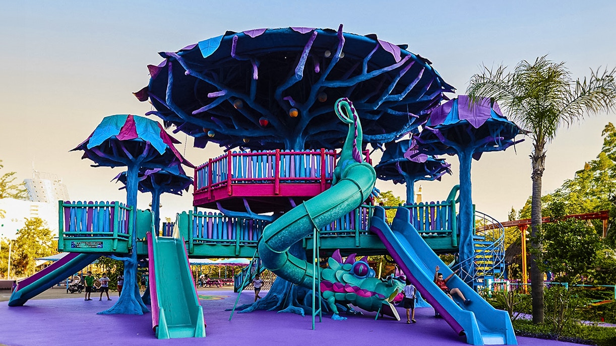 Tutti Frutti ride at Isla Magica theme park with colorful spinning teacups.