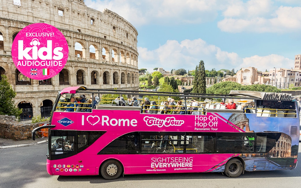 Open-top tour bus in front of the Colosseum, part of the I Love Rome Hop-On Hop-Off Tour.