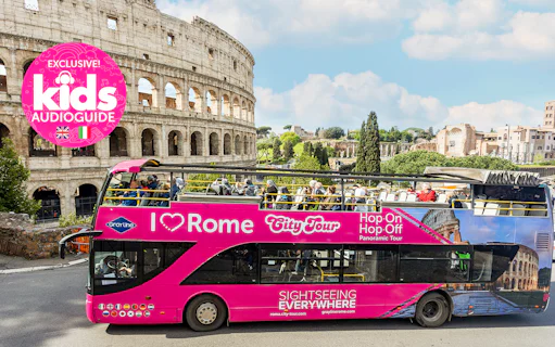 Open-top tour bus in front of the Colosseum, part of the I Love Rome Hop-On Hop-Off Tour.