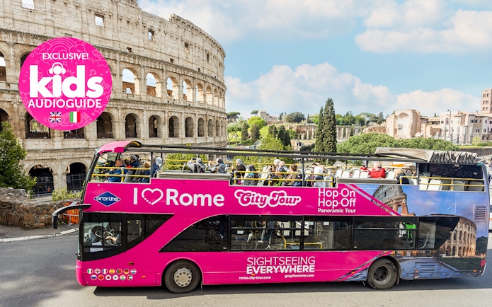 Open-top tour bus in front of the Colosseum, part of the I Love Rome Hop-On Hop-Off Tour.
