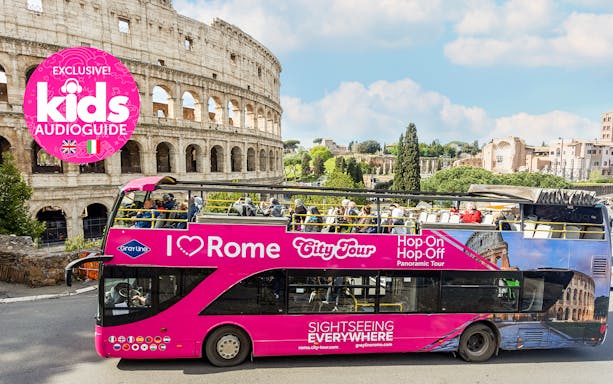 Open-top tour bus in front of the Colosseum, part of the I Love Rome Hop-On Hop-Off Tour.