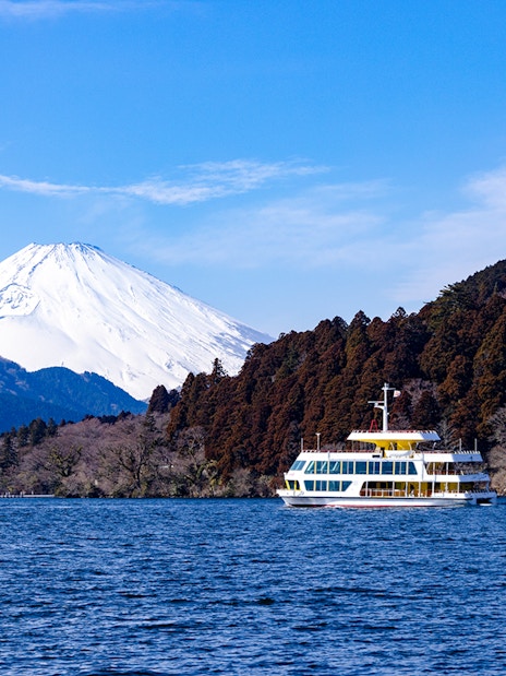 Cruise on Lake Ashi with Mt Fuji and torii gate in the background, Japan.