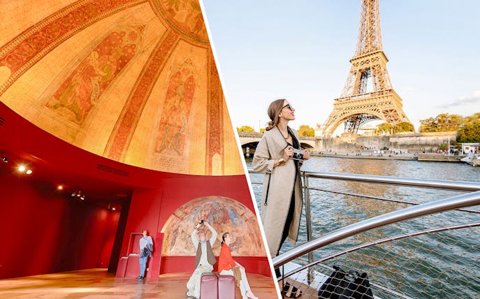 Notre-Dame exhibition interior and woman on Seine cruise near Eiffel Tower.