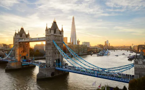 Tower Bridge and The Shard at sunset, London Christmas Lights Bus Tour.