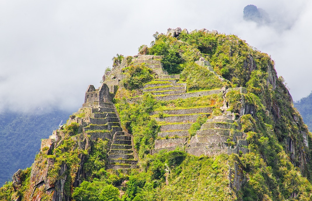 Wayna Picchu terraces and ruins at Machu Picchu, Peru.