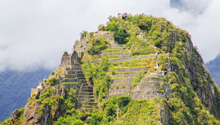 Wayna Picchu terraces and ruins at Machu Picchu, Peru.