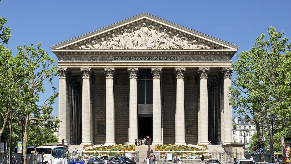 Church of St Madeleine with neoclassical columns in Paris, France.