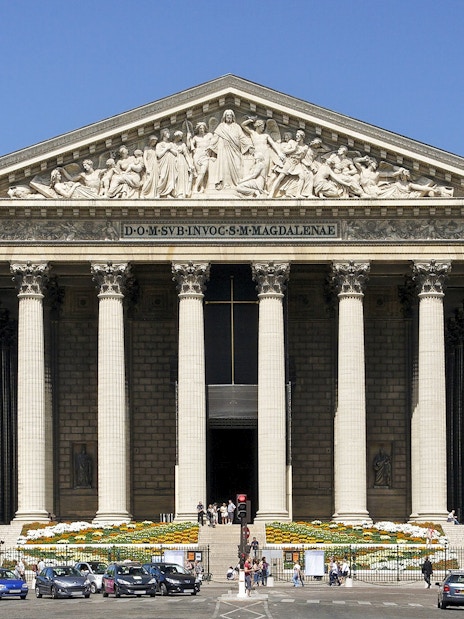 Church of St Madeleine with neoclassical columns in Paris, France.