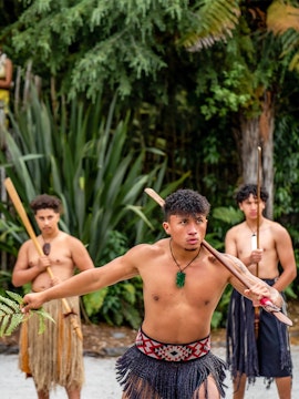 Māori performers in traditional attire at Whakarewarewa, New Zealand.