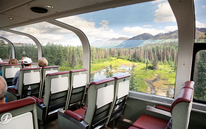 Passengers view Alaskan wilderness through large windows on the Alaska Railroad train.