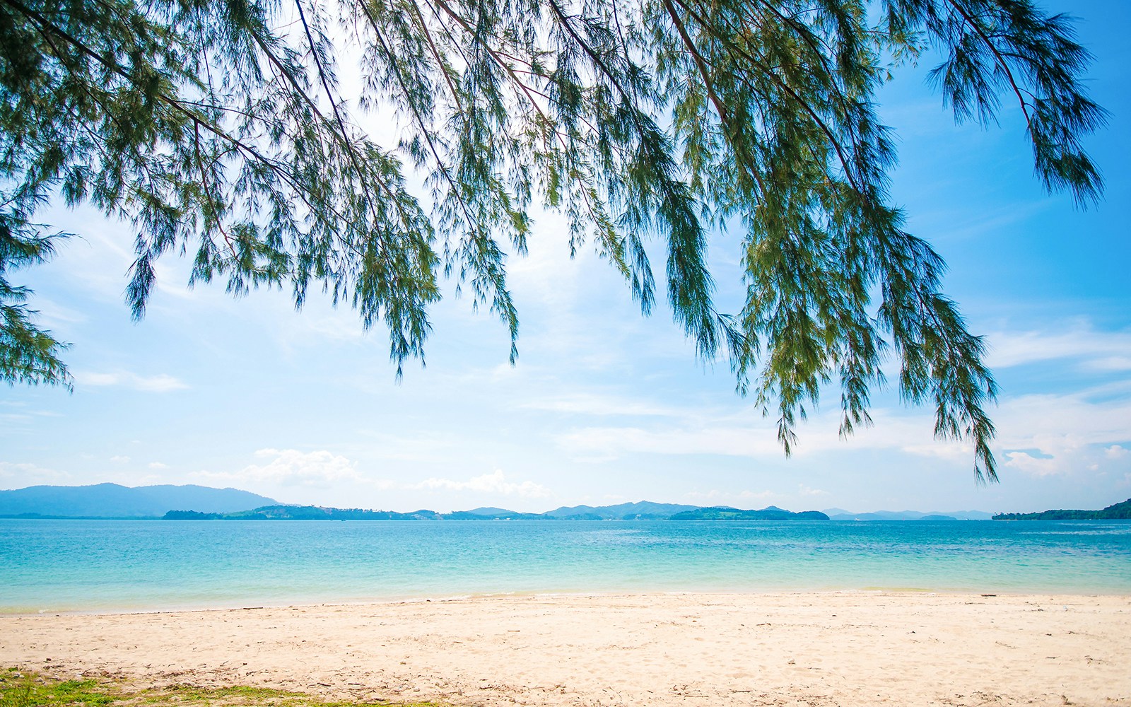 Sandy beach with turquoise water and tree branches on Naka Noi Island, Phuket, Thailand.