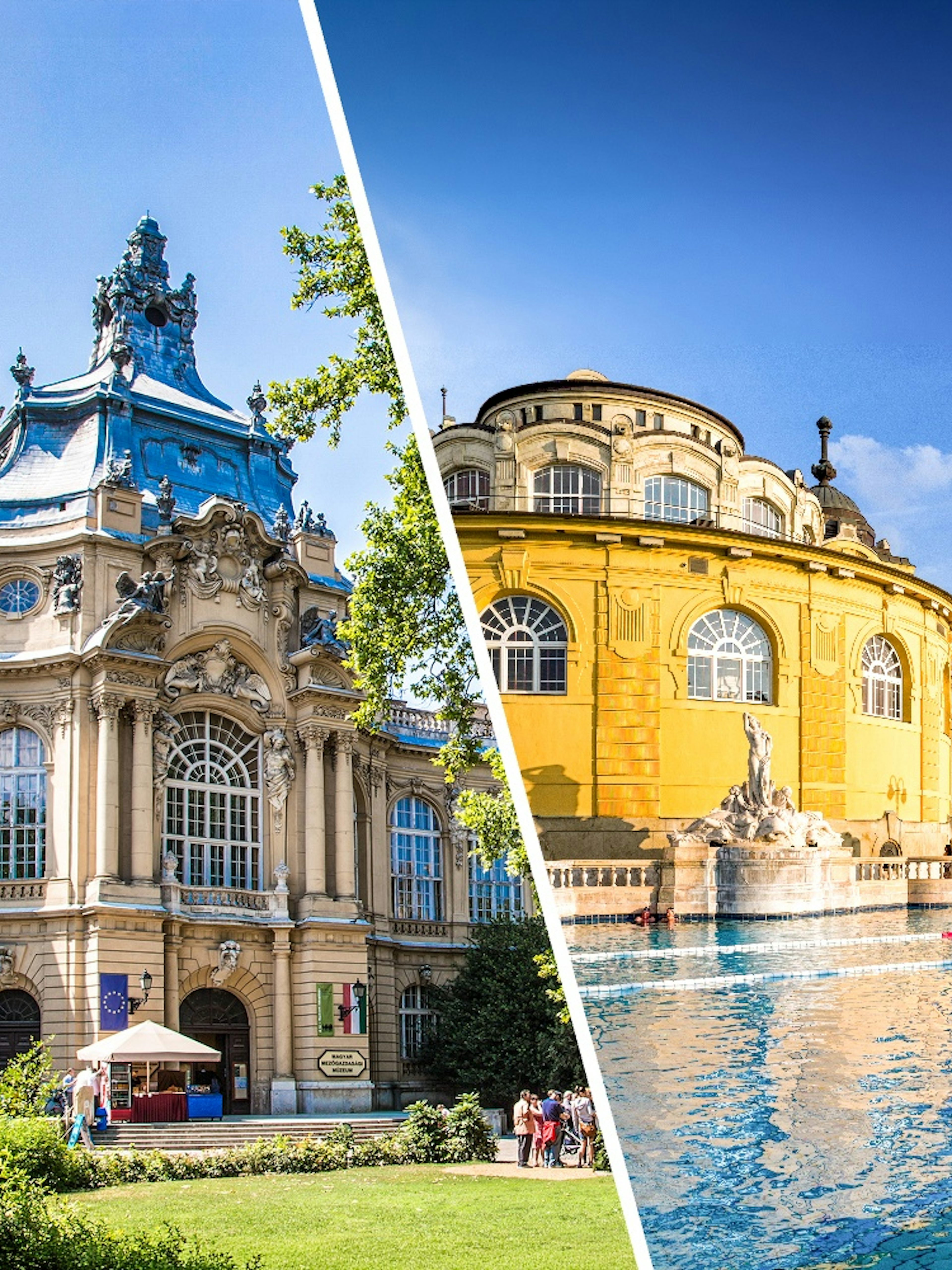 Vajdahunyad Castle and Széchenyi Spa in Budapest, showcasing historic architecture and thermal baths.