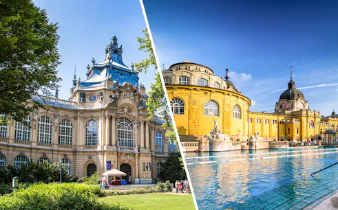 Vajdahunyad Castle and Széchenyi Spa in Budapest, showcasing historic architecture and thermal baths.