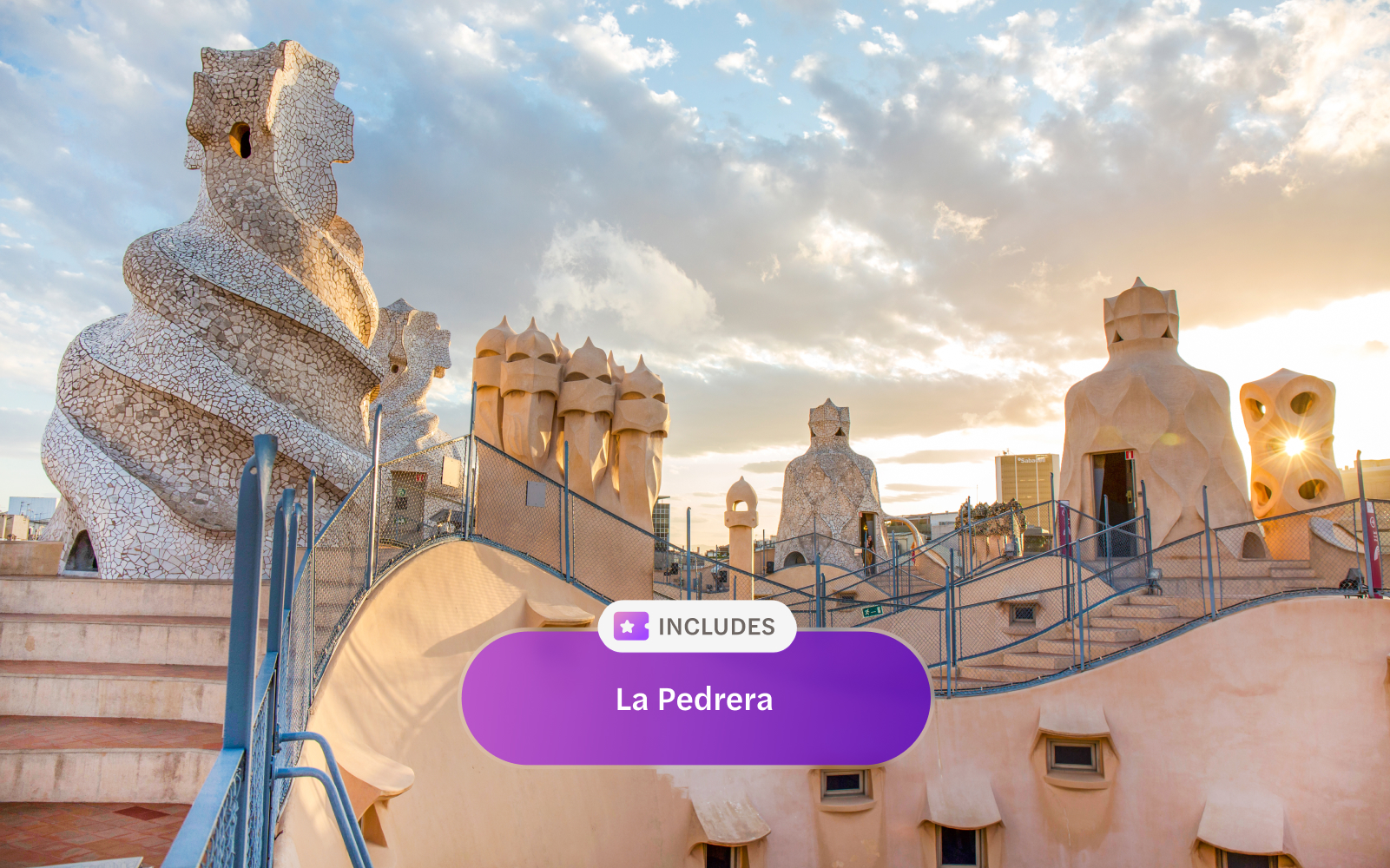 Rooftop chimneys of La Pedrera, Casa Mila in Barcelona at sunset.