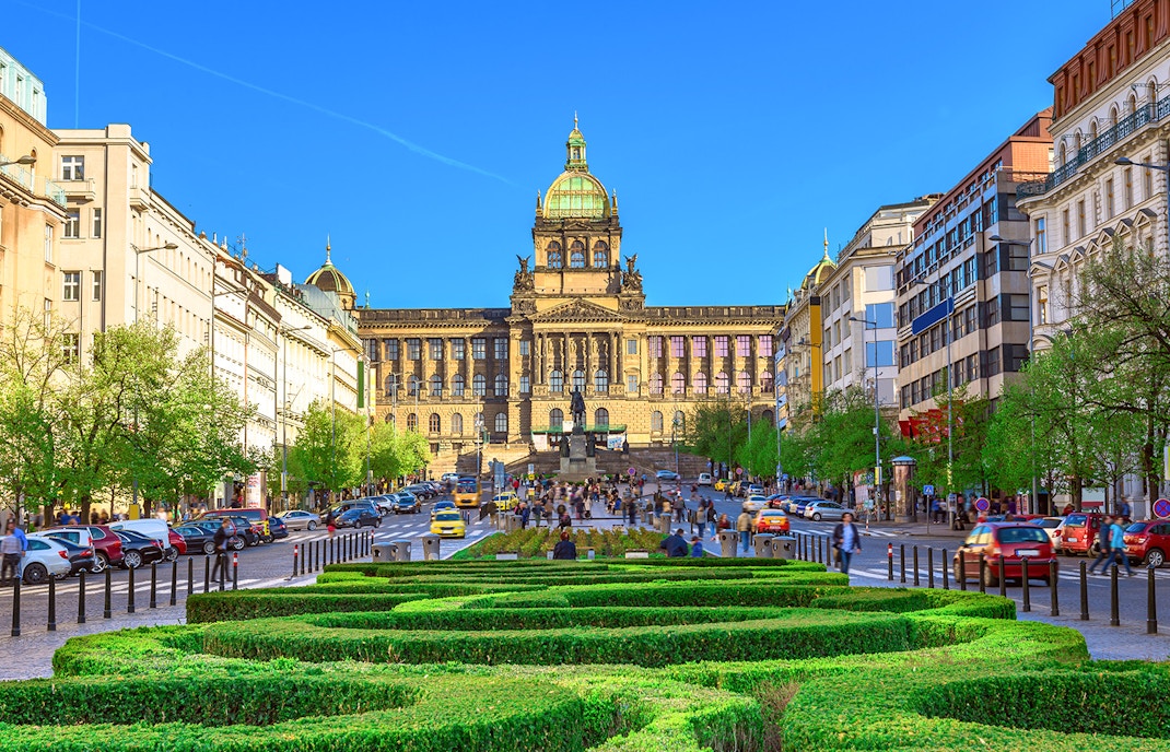 Wenceslas square and National Museum in Prague, Czech Republic