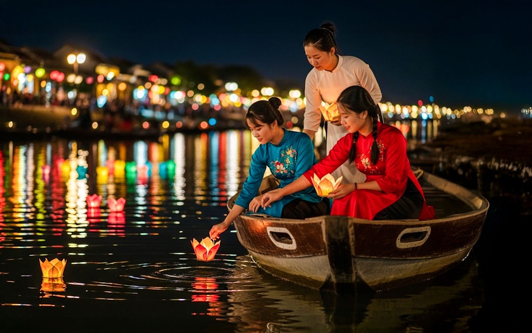 Tourists in a boat releasing lanterns on Hoi An River at night.