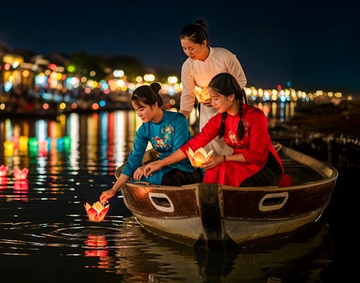 Tourists in a boat releasing lanterns on Hoi An River at night.