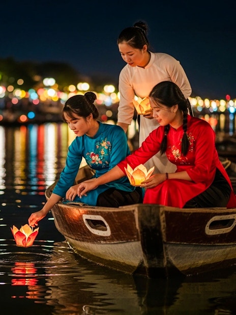 Tourists in a boat releasing lanterns on Hoi An River at night.