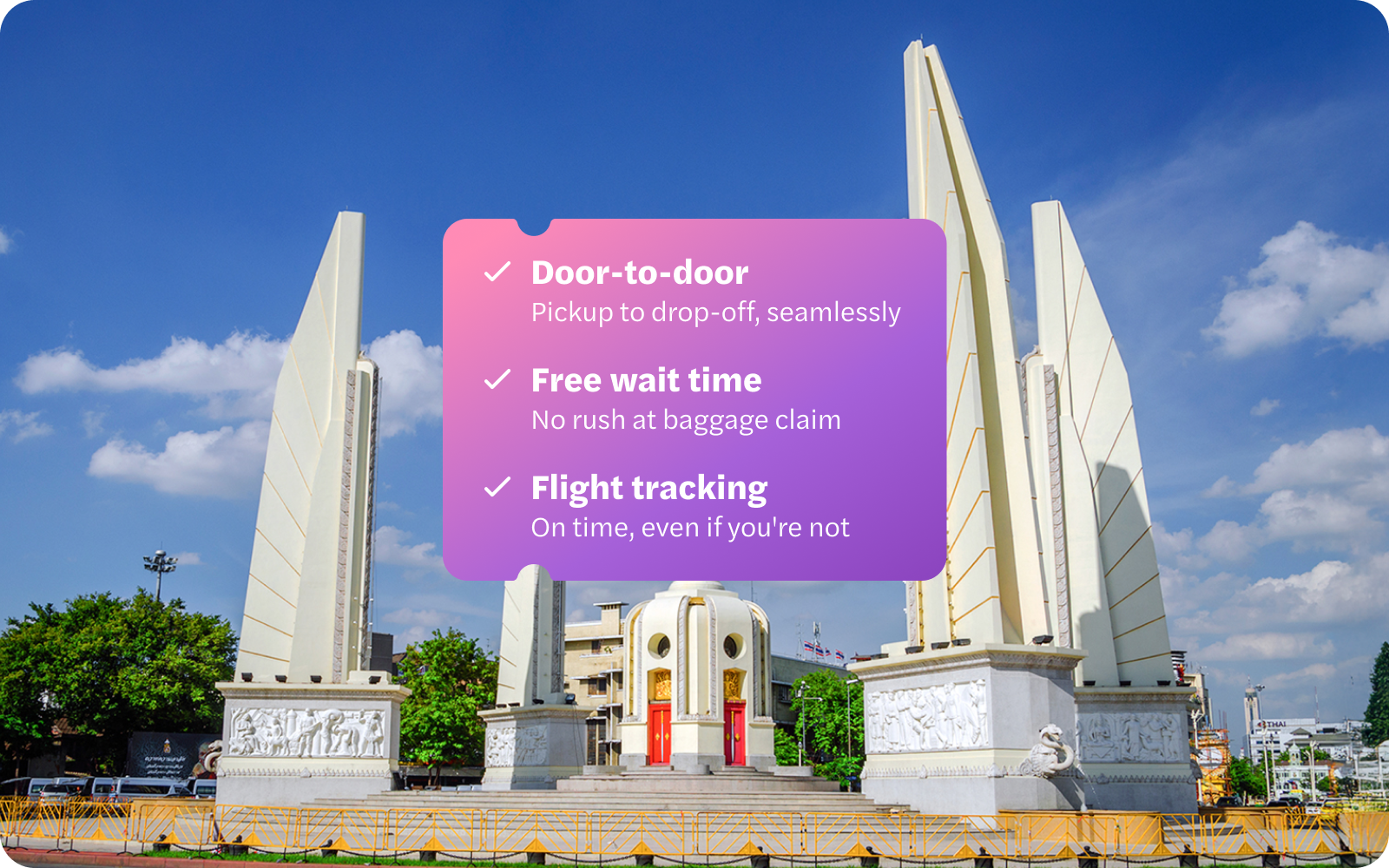 Democracy Monument in Bangkok with travel service features overlay.