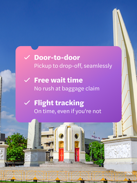 Democracy Monument in Bangkok with travel service features overlay.