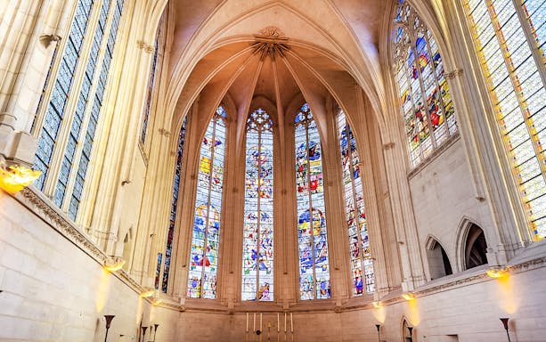 Stained glass windows inside the chapel of Château de Vincennes, France.
