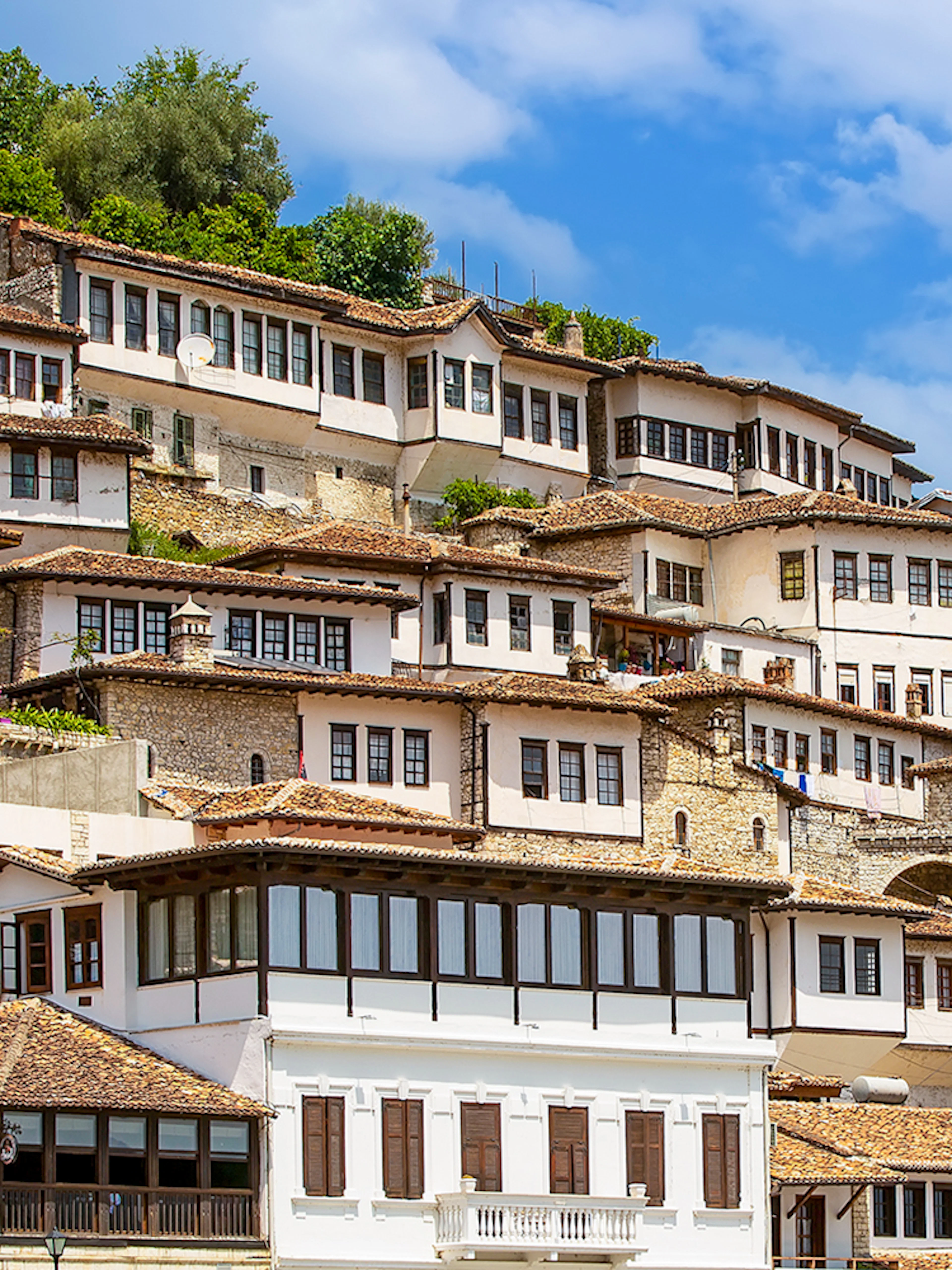 Ottoman-style houses on a hillside in Berat, Albania, known as the city of a thousand windows.