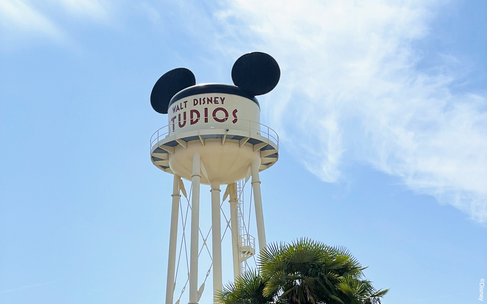 Walt Disney Studios water tower with Mickey Mouse ears at Disneyland Paris.