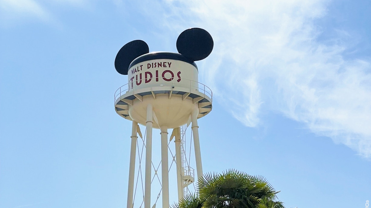 Walt Disney Studios water tower with Mickey Mouse ears at Disneyland Paris.