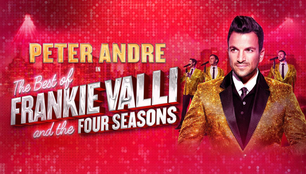 Frankie Valli and the Four Seasons show poster with performers in gold jackets.