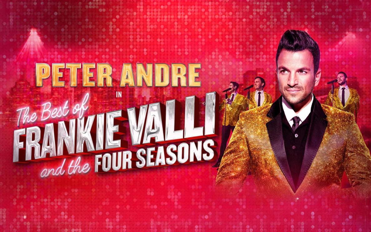 Frankie Valli and the Four Seasons show poster with performers in gold jackets.