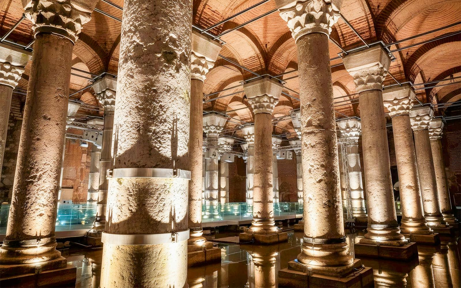 32 original marble columns and vaulted brick ceilings inside Theodosius Cistern