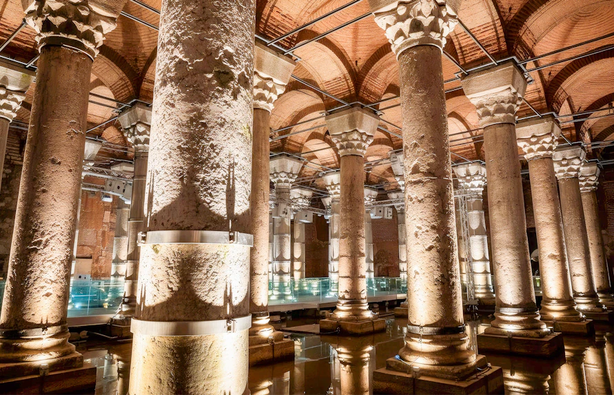 32 original marble columns and vaulted brick ceilings inside Theodosius Cistern