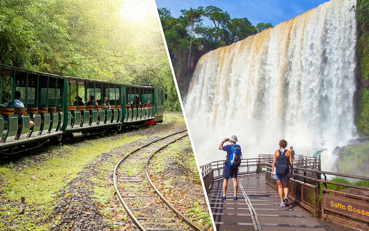 Train ride through lush forest and tourists viewing Salto Bossetti waterfall in Argentina.