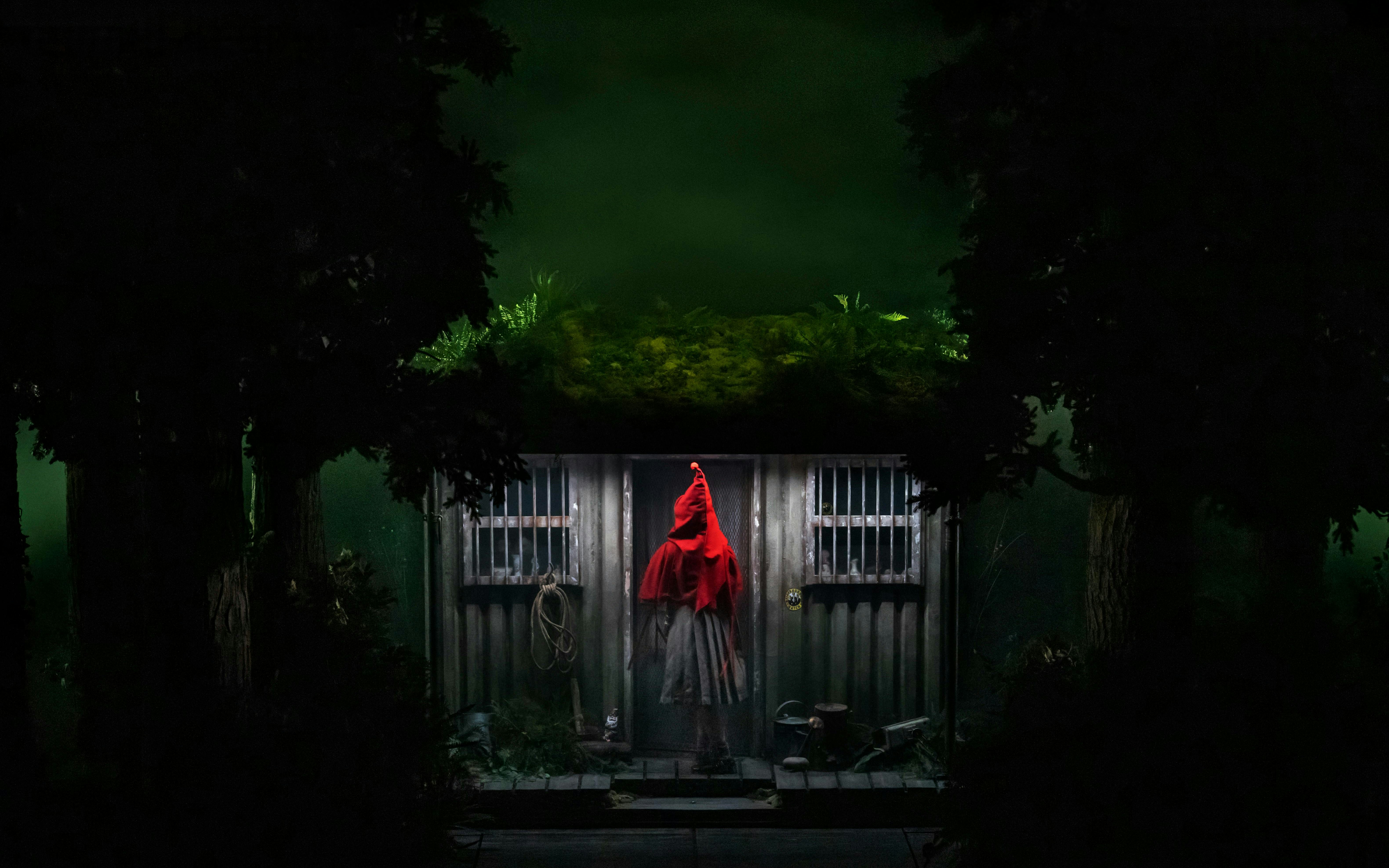 Person in red cloak standing at a cabin door in a dark forest setting.